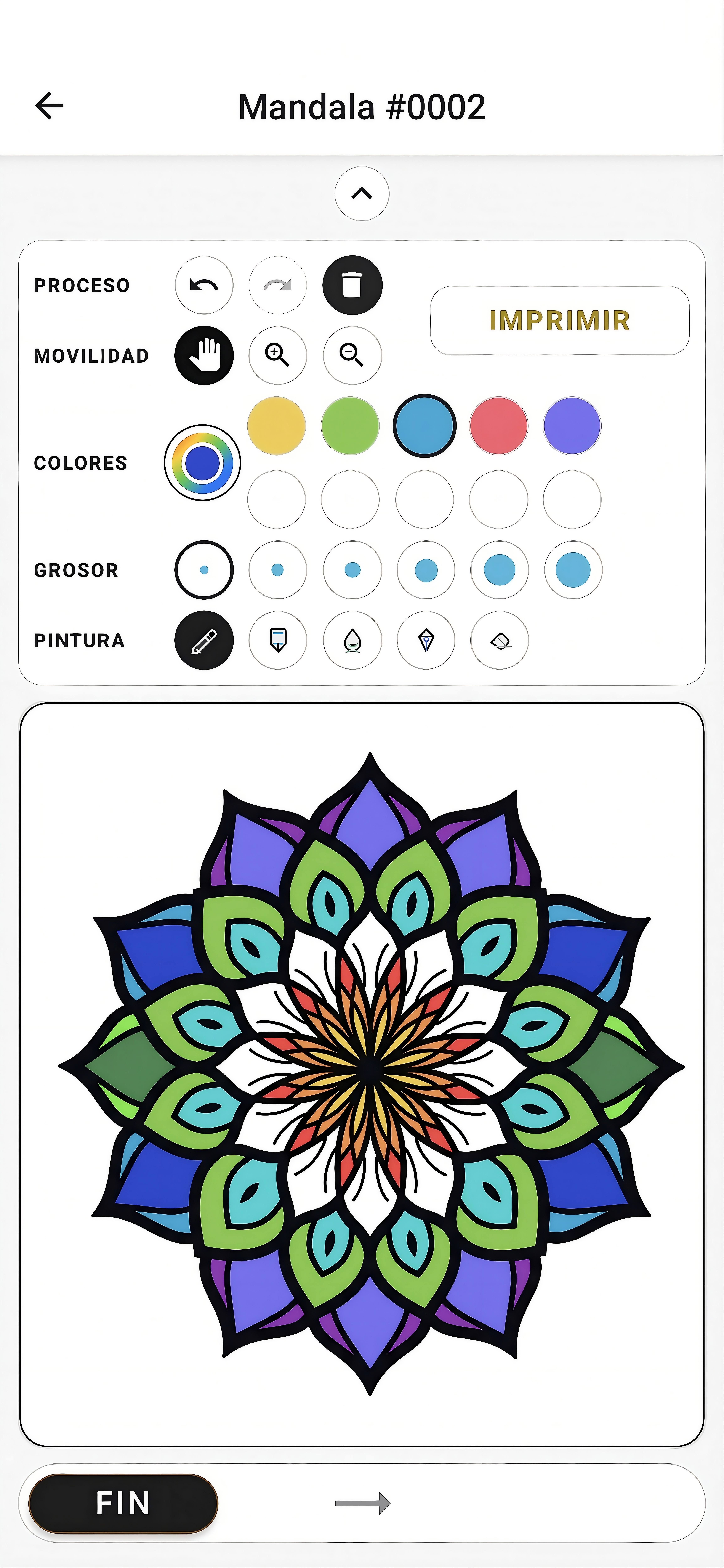 Captura de Mandaland con herramientas de color y mandala en proceso