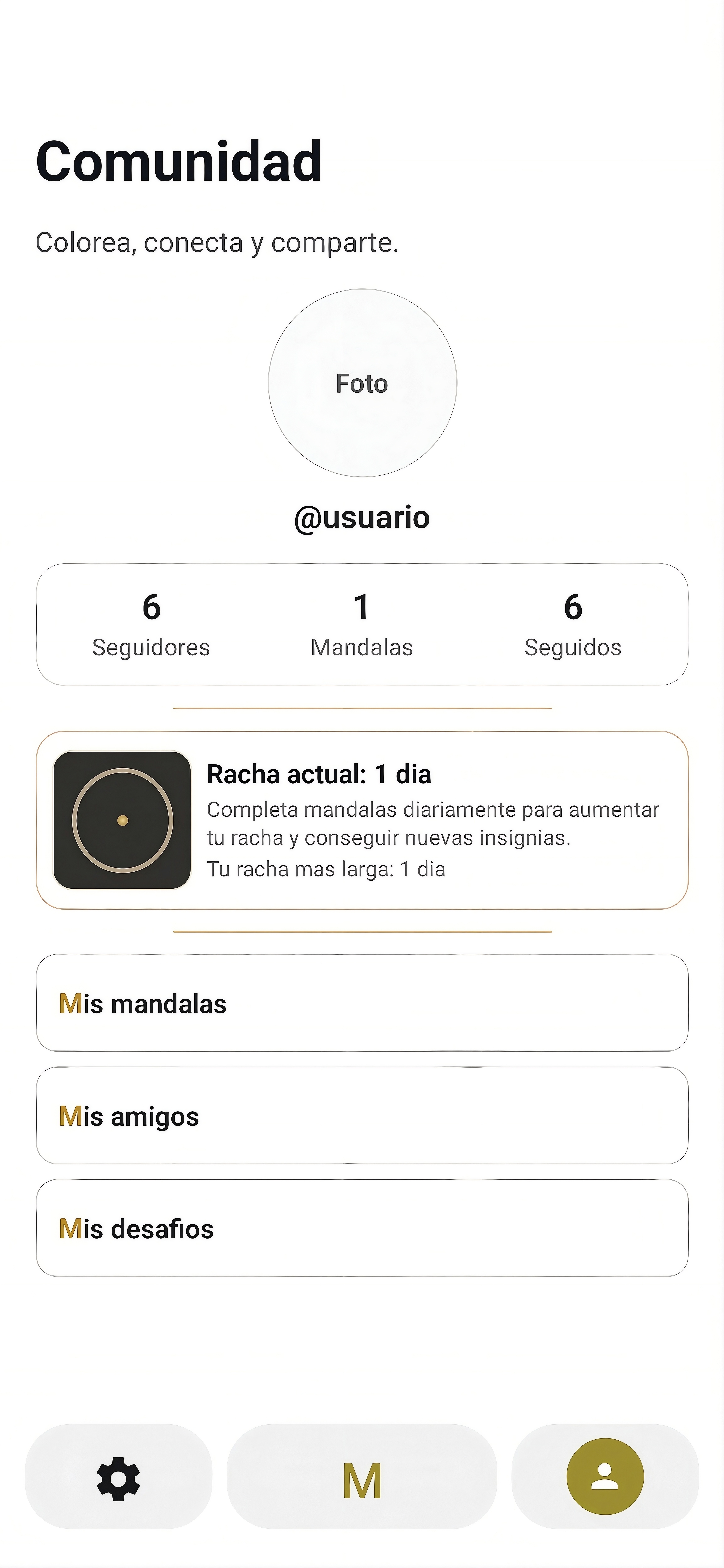 Pantalla de comunidad de Mandaland con perfil de usuario