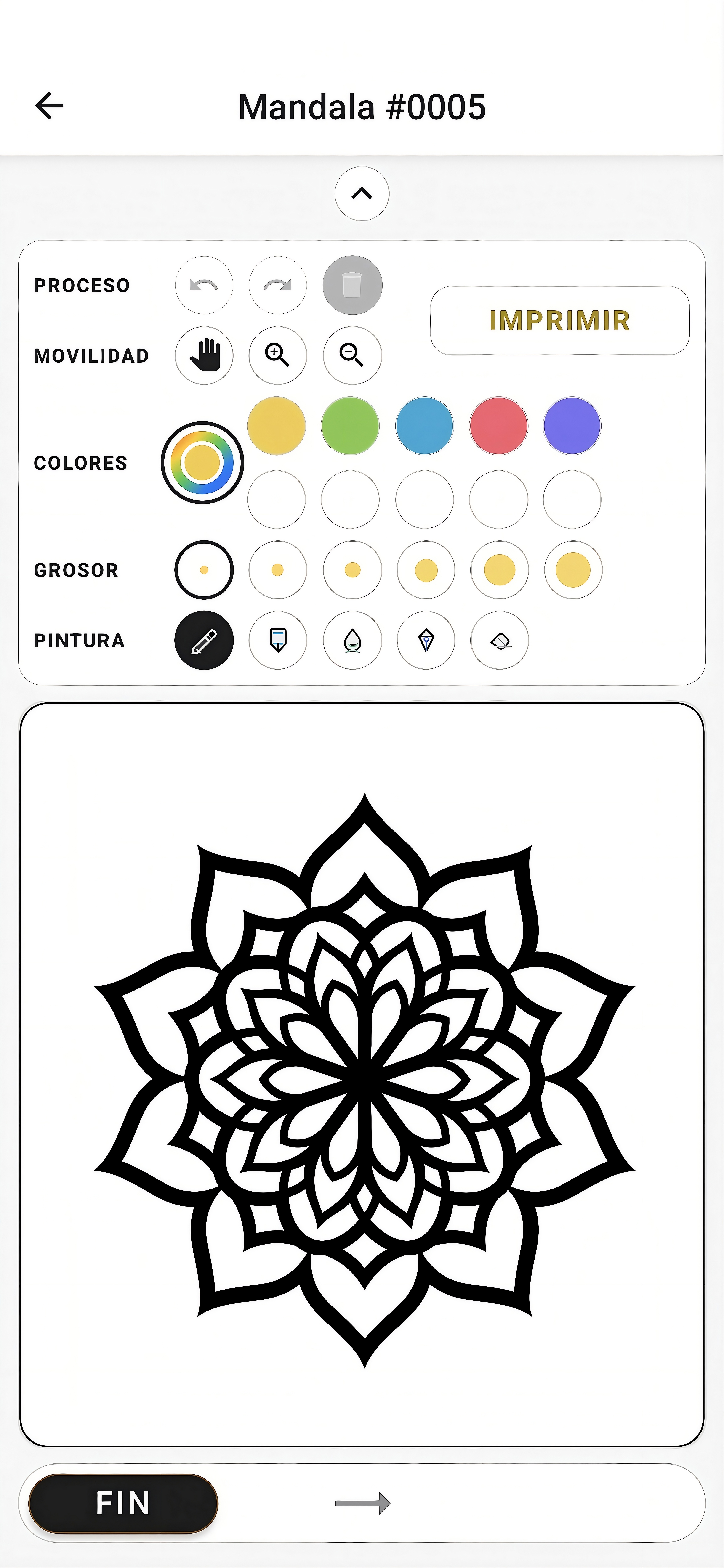 Captura de coloreado de mandala con controles de precisión en Mandaland